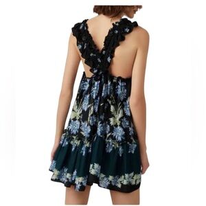 Free People Bali Wild Daisy Mini Slip On Black Ruffle Floral Dress